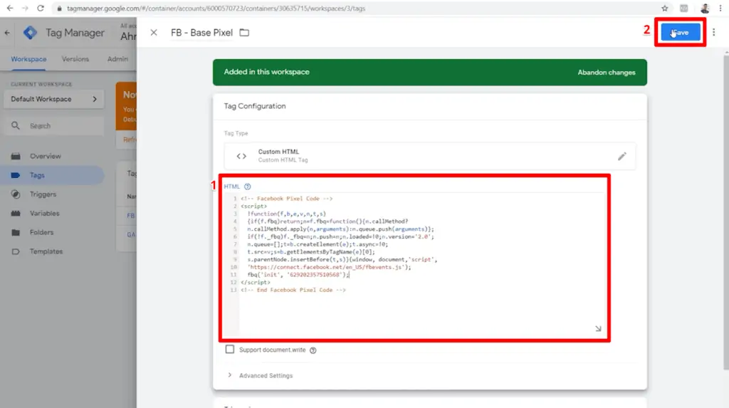 Screenshot of base pixel tag configuration with HTML code and Save button highlighted