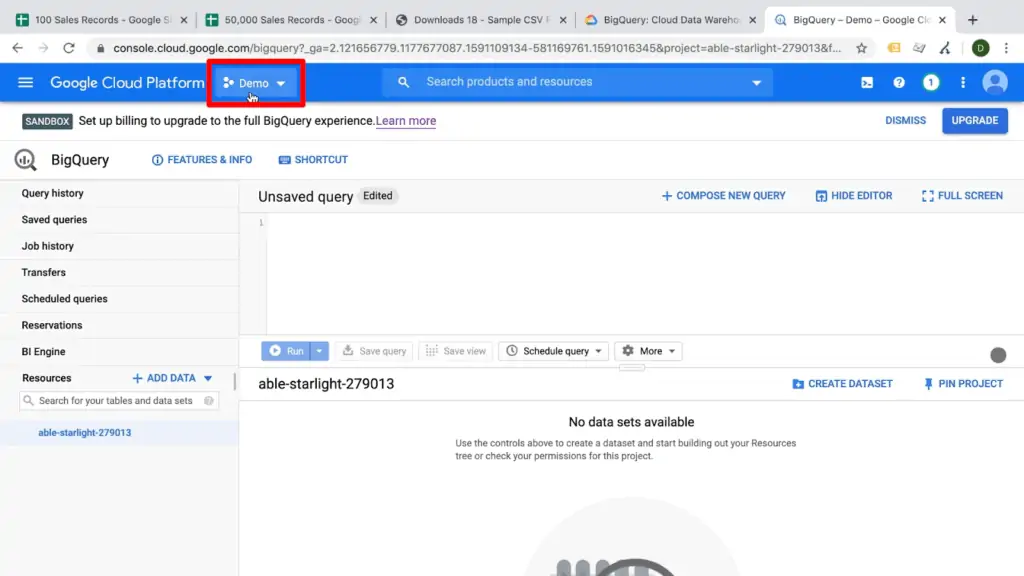 Screenshot of blank Google Cloud Platform with Demo in topbar highlighted