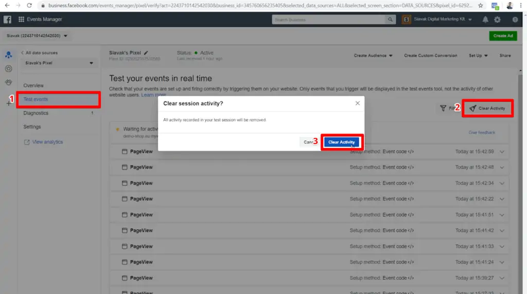 Screenshot of clearing activity from Pixel Events Manager Test Events page