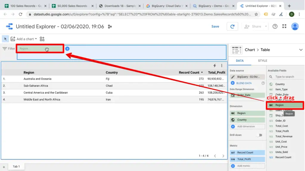 Screenshot of clicking and dragging field into dashboard filter in Data Studio