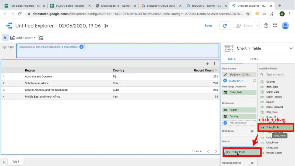 Screenshot of clicking and dragging fields into data metrics in Data Studio