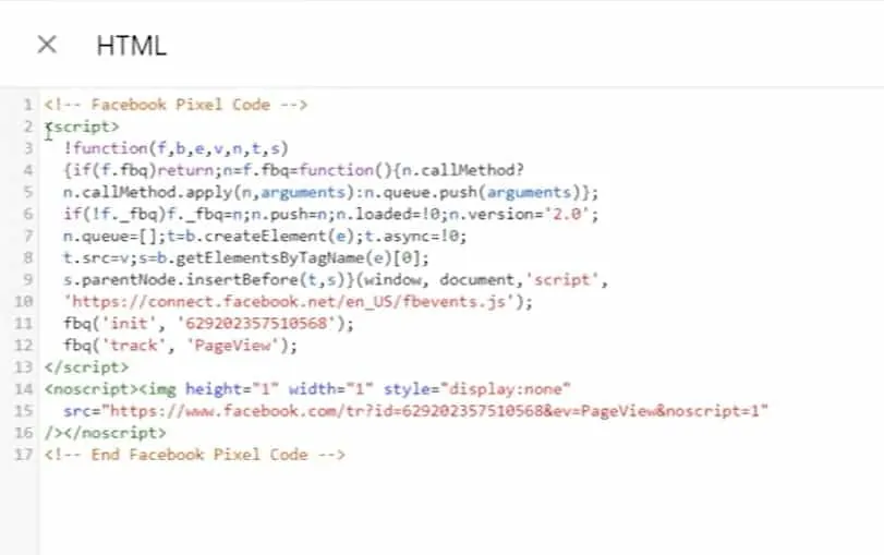 Screenshot of close-up Meta Pixel JavaScript code