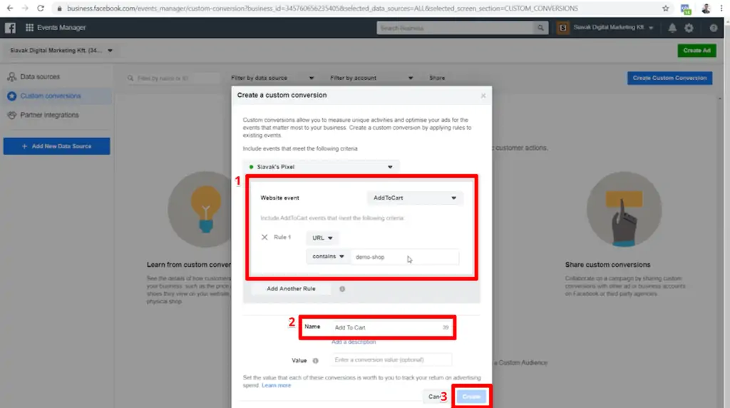 Screenshot of custom conversion configuration with event, name, and Create button highlighted