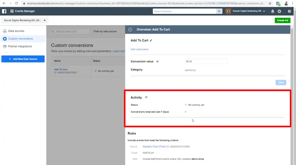 Screenshot of custom conversion overview with Activity highlighted