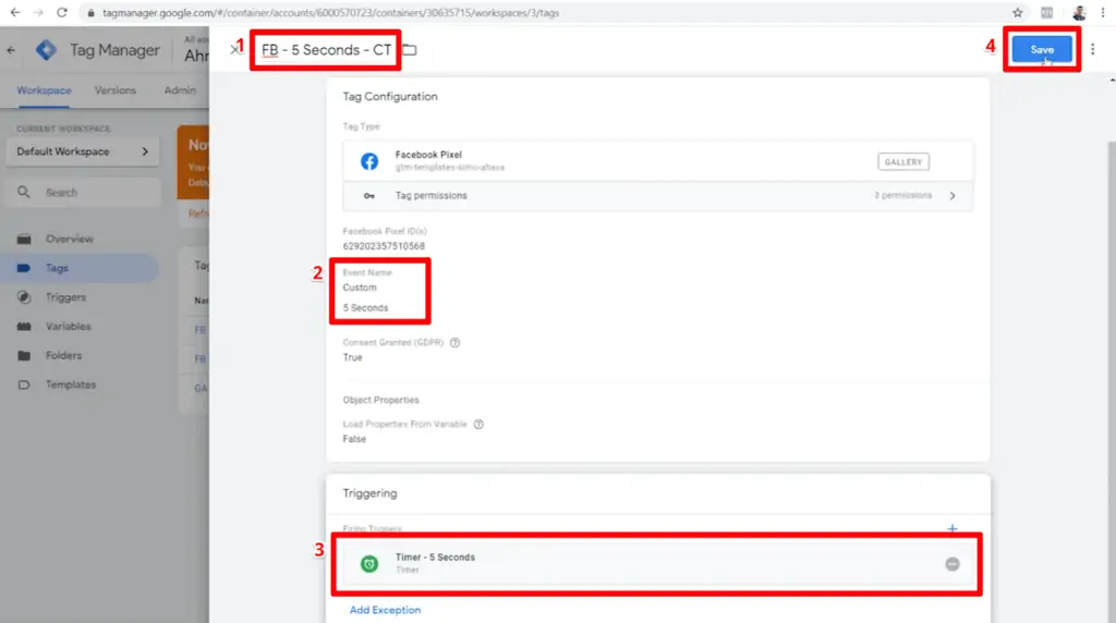 Screenshot of custom event 5 seconds tag configuration using custom template