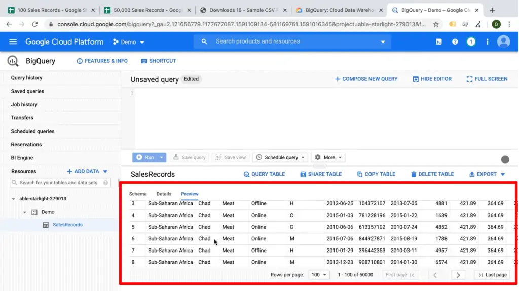Screenshot of demo sales record data resource preview highlighted