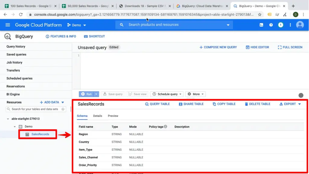 Screenshot of demo sales records data resource schema highlighted