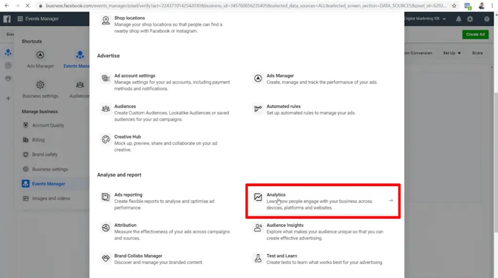 Screenshot of expanded menu with Analytics option highlighted