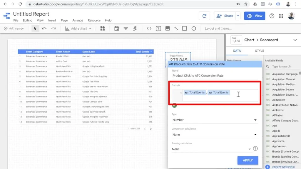 Screenshot of field configuration with Total Events / Total Events inputted in Formula box