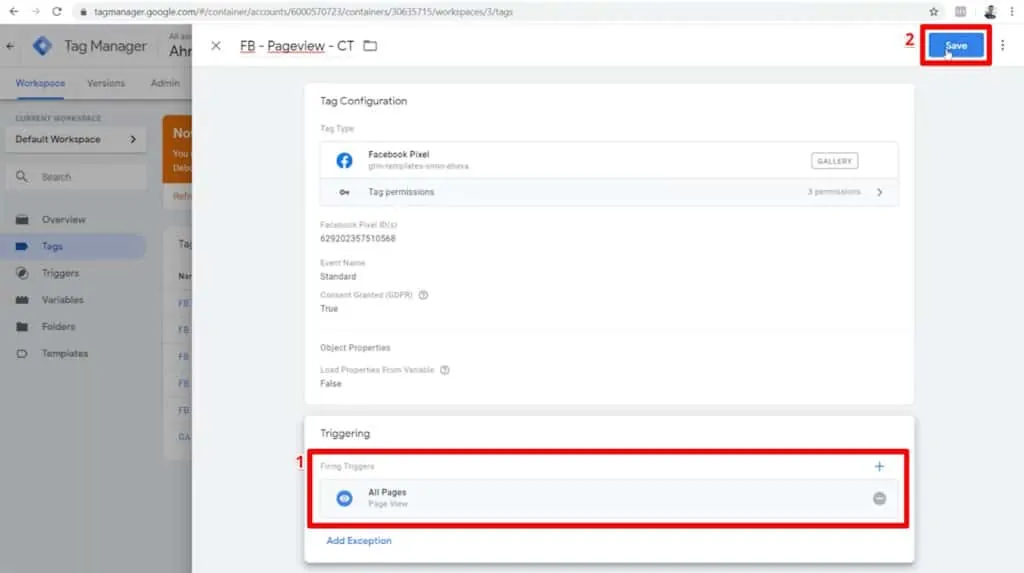 Screenshot of firing triggers set to All Pages and Save button highlighted