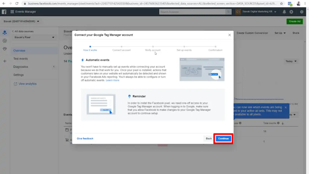 Screenshot of first step in Google Tag Manager connection popup with Continue highlighted