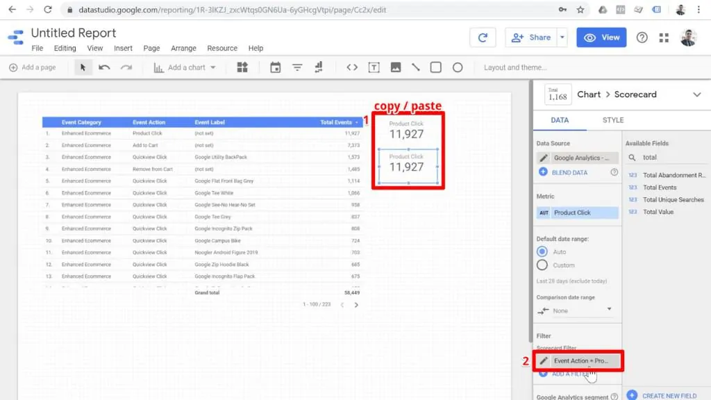 Screenshot of identical scorecards highlighted under “copy / paste” text and filter button highlighted