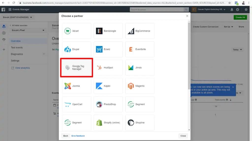 Screenshot of list of partners that connect with Meta Pixel