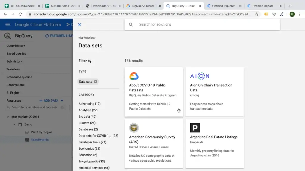 Screenshot of list of public data sets available for analysis on Google BigQuery