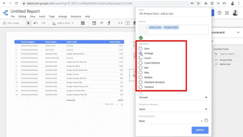 Screenshot of metric configuration with aggregation selections highlighted