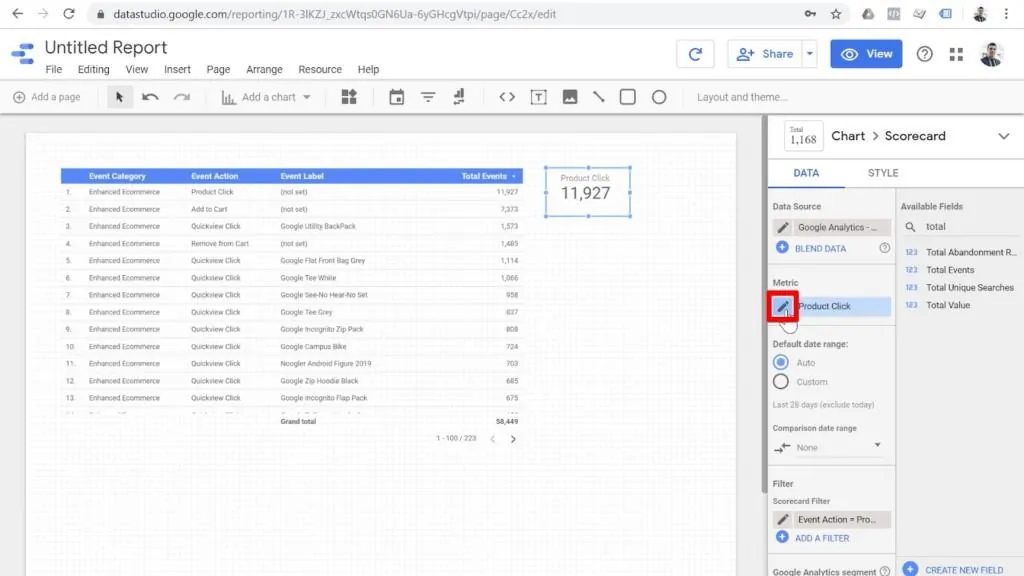 Screenshot of metric editing button highlighted in Looker Studio