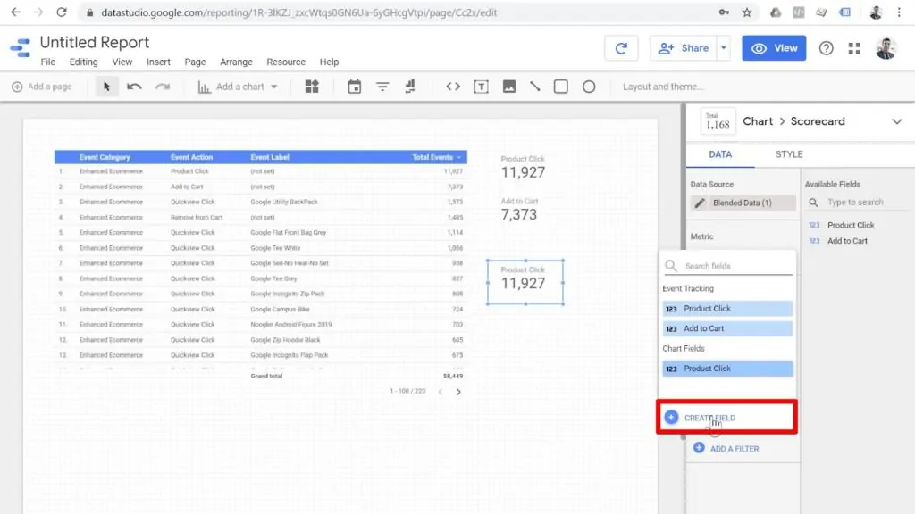 Screenshot of metric menu with Create Field highlighted in Looker Studio