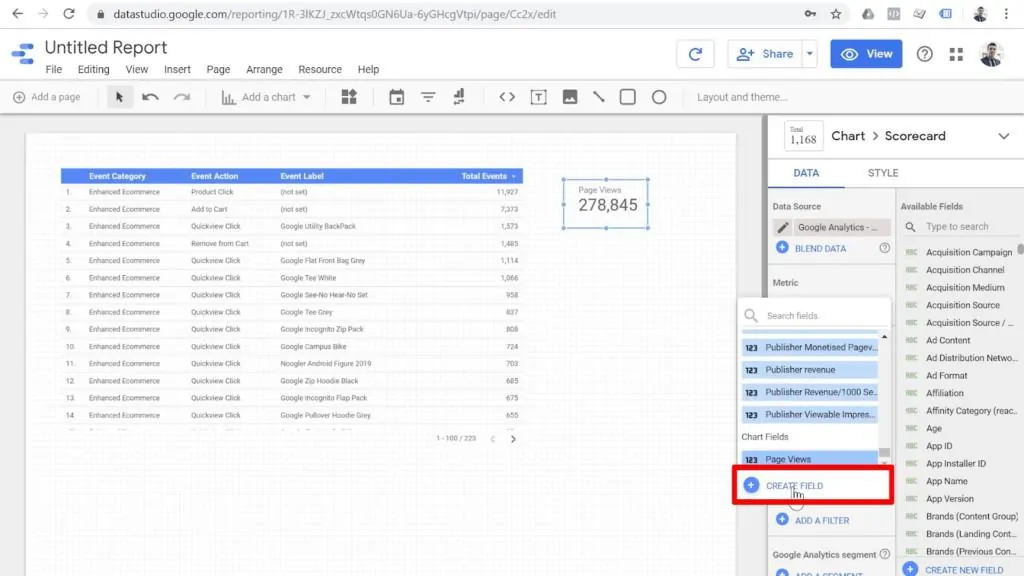 Screenshot of metric options in Looker Studio with Create Field option highlighted