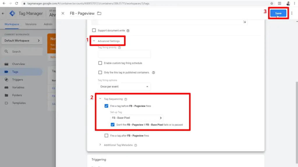 Screenshot of pageview tag configuration settings with Advanced Settings, Tag Sequencing, and Save button highlighted