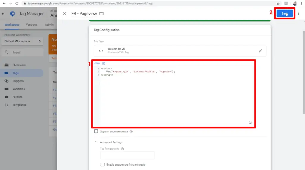 Screenshot of pageview tag configuration with HTML and Save button highlighted