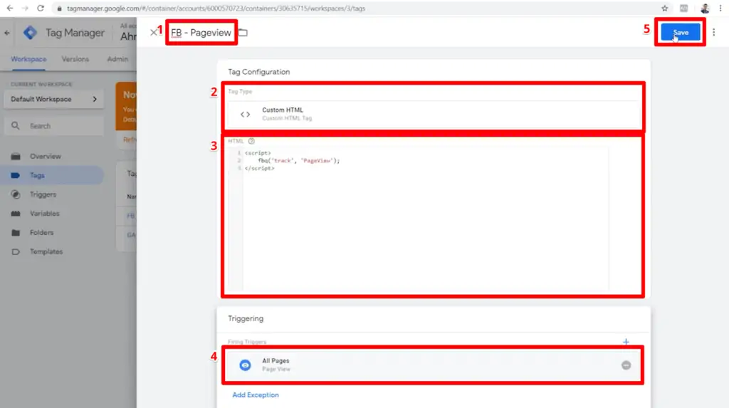 Screenshot of pageview tag configuration with name, tag type, HTML, triggering, and Save button highlighted