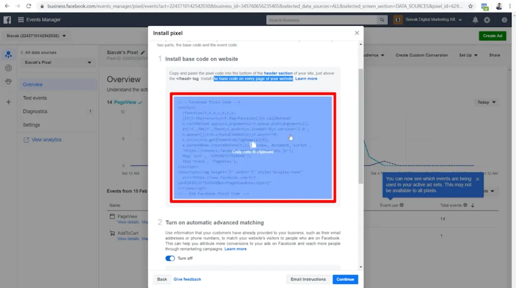 Screenshot of pixel base code and Meta's installation instructions