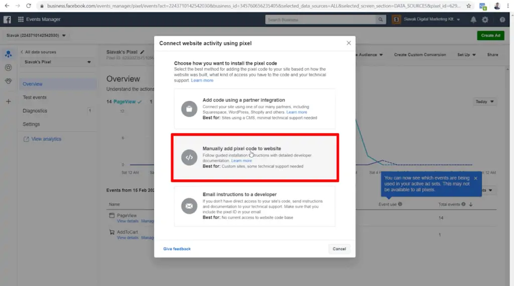 Screenshot of pixel connection popup with manual installation option highlighted