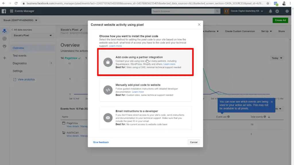 Screenshot of pixel installation popup with Add code using a partner integration highlighted