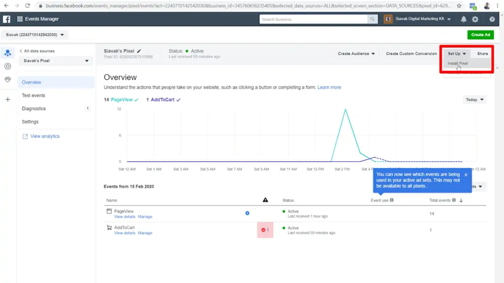 Screenshot of pixel overview in Meta Ads Manager with Set Up > Install Pixel highlighted