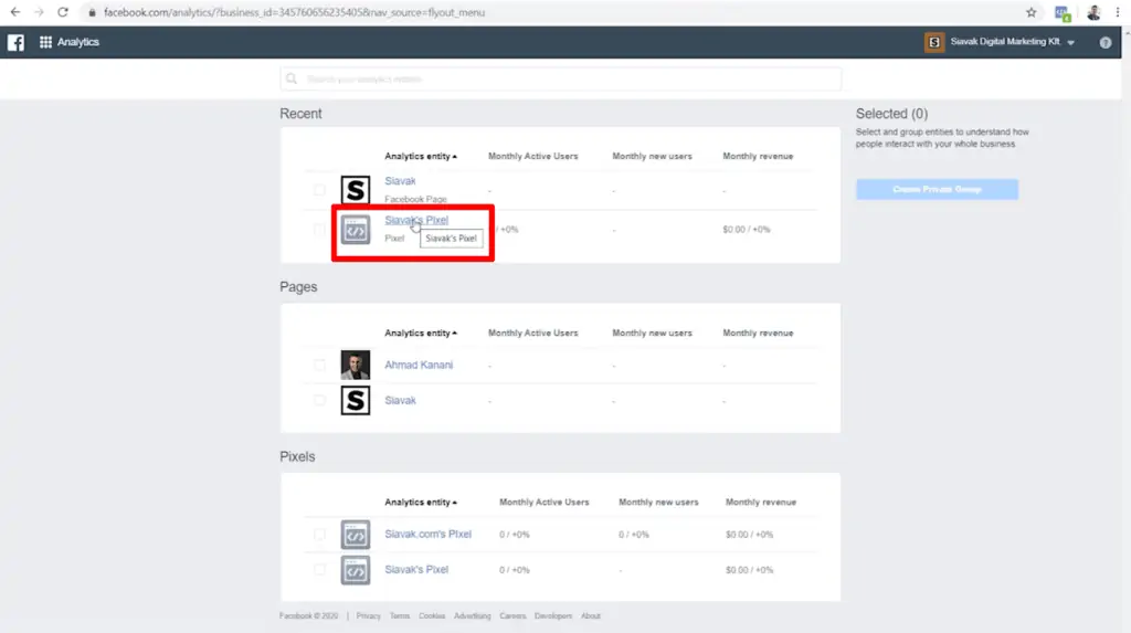 Screenshot of pixels and pages listed on Meta Analytics