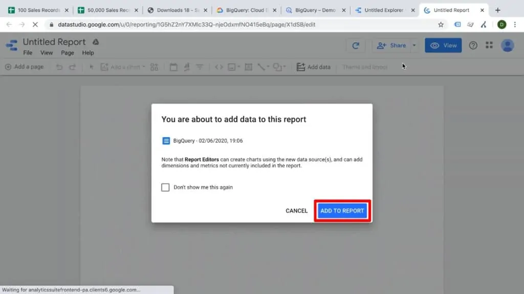 Screenshot of popup in Data Studio to add data to report with Add to Report button highlighted