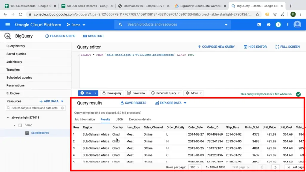 Screenshot of query results on BigQuery dashboard
