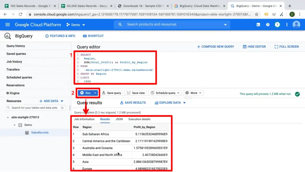 Screenshot of query selecting by a schema and an equation which grouping by the selected schema, with query and Run button highlighted and arrow pointing at query results in BigQuery