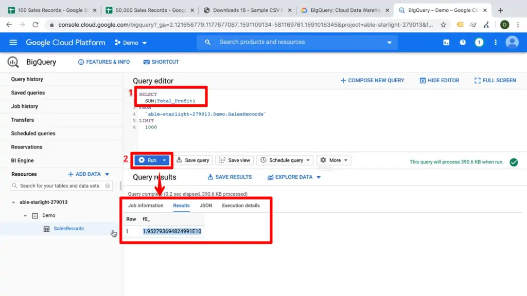 Screenshot of query selecting for a sum equation with query and Run button highlighted, with arrow pointing at query results