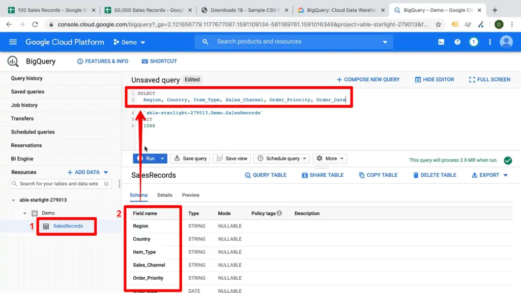 Screenshot of query selecting for schema fields from demo sales records data on BigQuery