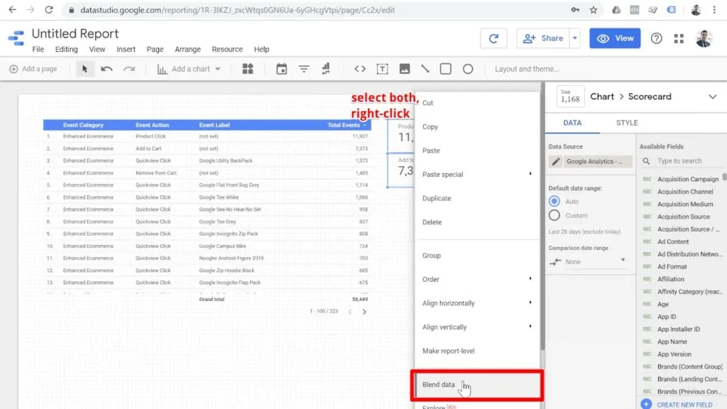 Screenshot of right-click menu for scorecards with Blend Data highlighted
