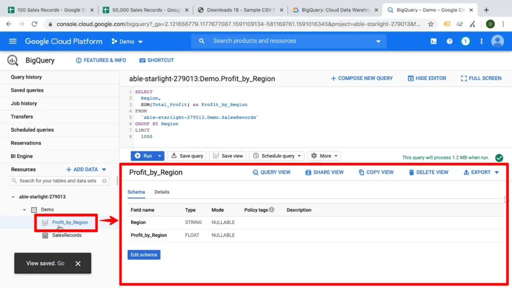 Screenshot of saved view of profit by region data on BigQuery dashboard