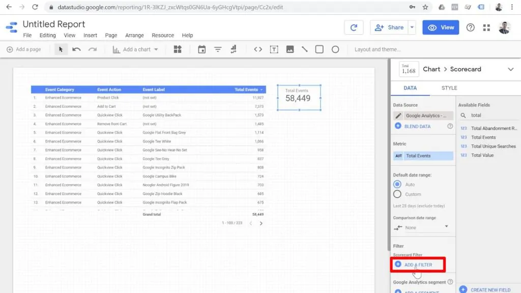 Screenshot of scorecard in Looker Studio with Add a Filter option highlighted