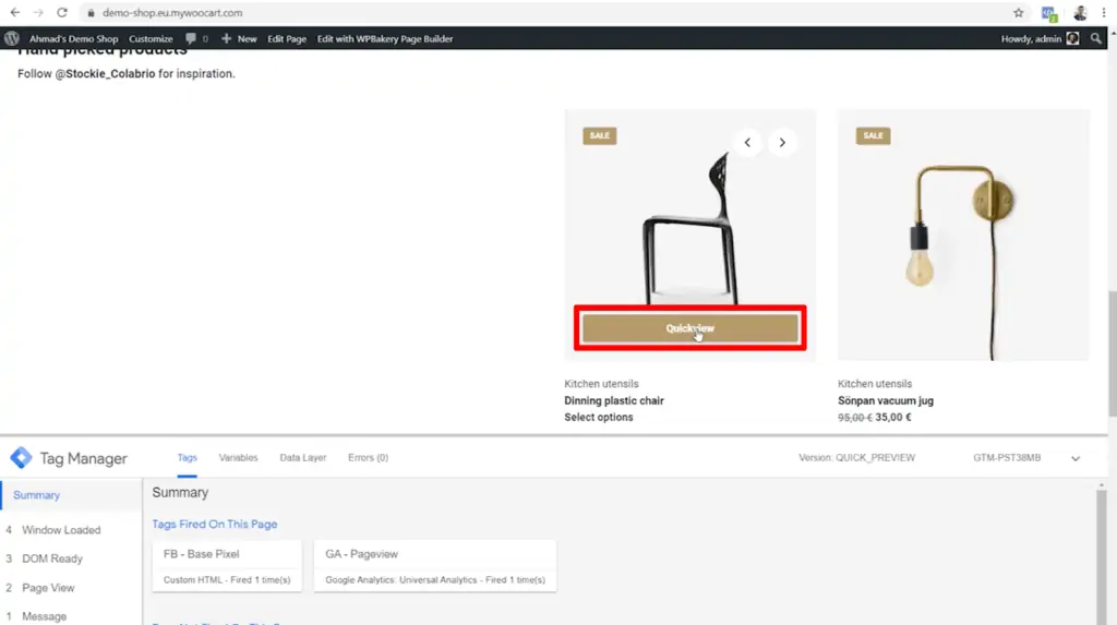 Screenshot of shop page with quickview button for a product highlighted