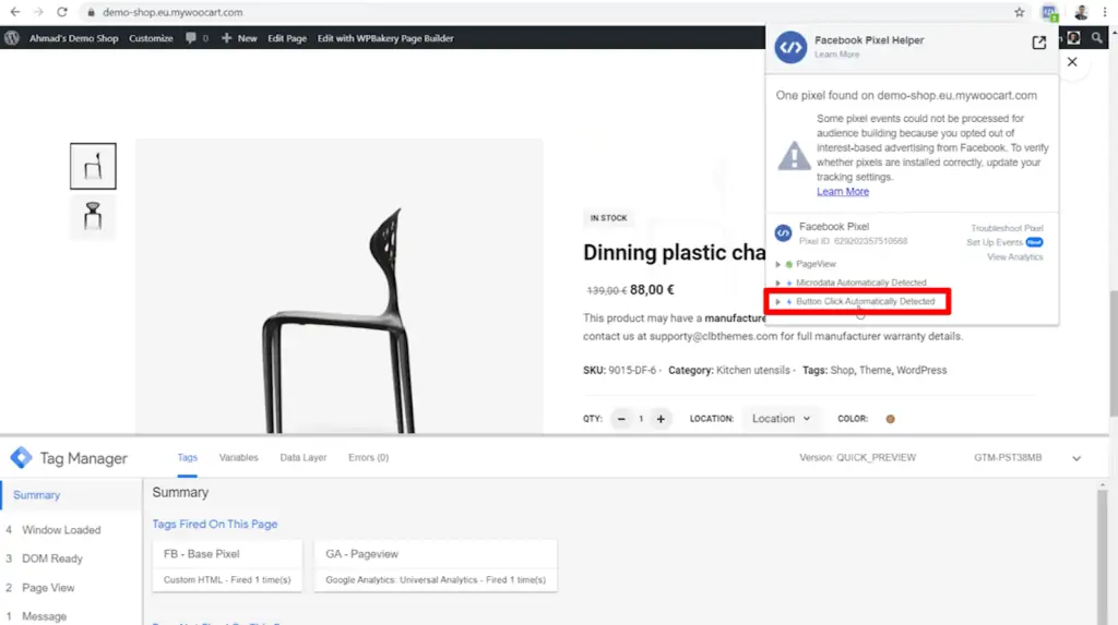Screenshot of shop product page and Meta Pixel Helper with Button Click Automatically Detected highlighted