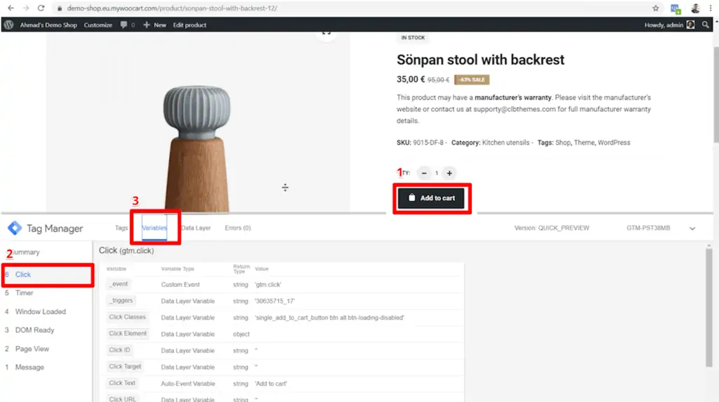 Screenshot of shop product page with Add to cart button, Click event in GTM, and Variables tab in GTM highlighted