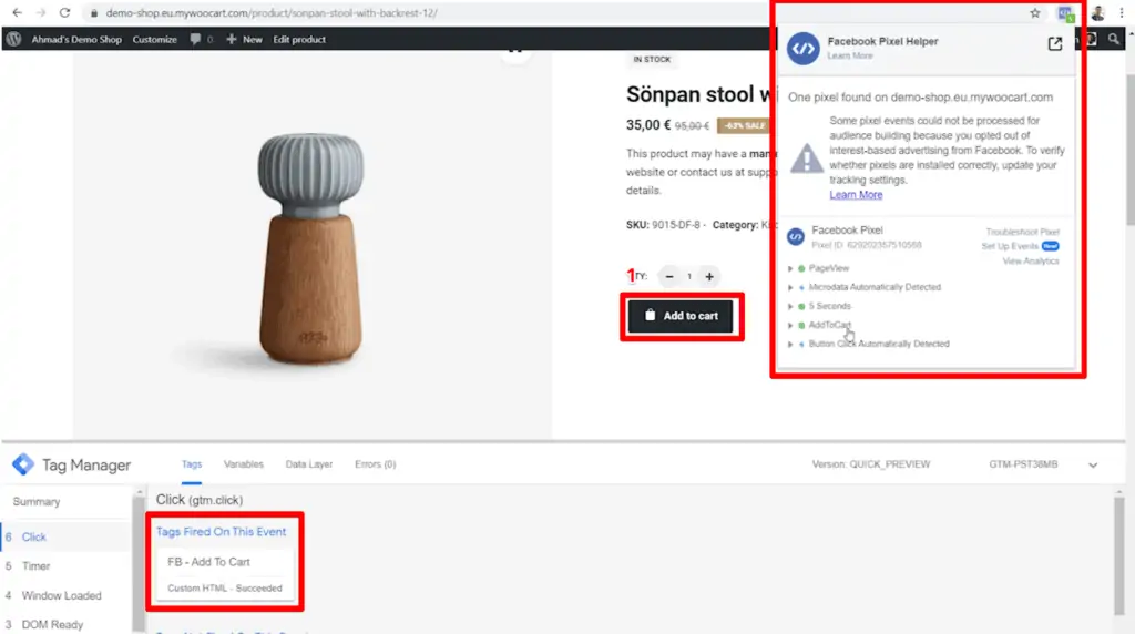 Screenshot of shop product page with Add to cart button, Google Tag Manager recorded click, and Meta Pixel Helper highlighted