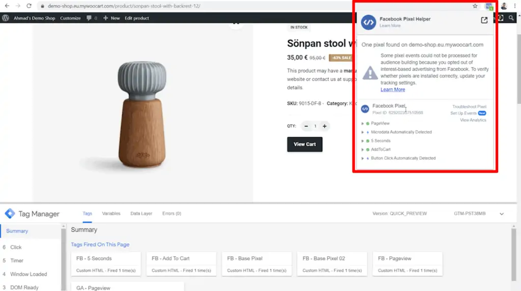 Screenshot of shop product page with Meta Pixel Helper highlighted