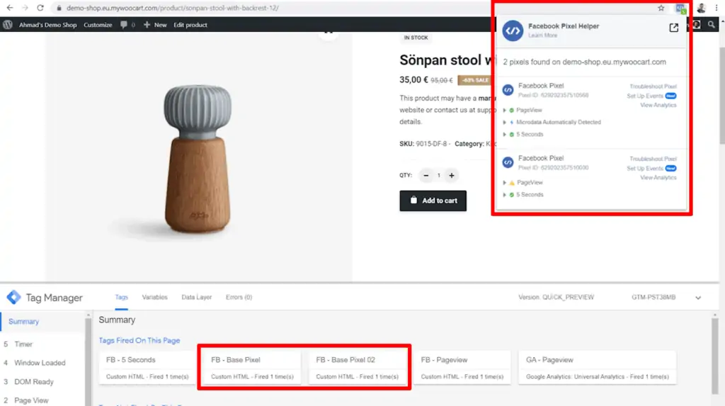 Screenshot of shop product page with two base pixels in GTM and Meta Pixel Helper highlighted