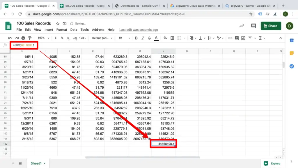 Screenshot of sum equation in Google Sheets document, with an arrow from the formula bar to the corresponding cell