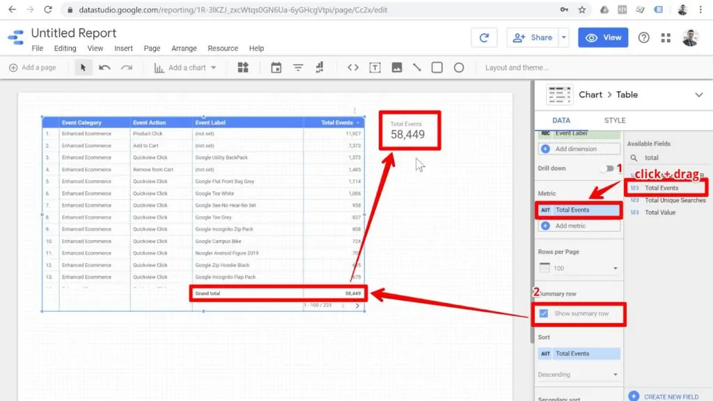 Screenshot of table and scorecard in Looker Studio with Total Events as the scorecard metric and the Show Summary Row box checked for the table