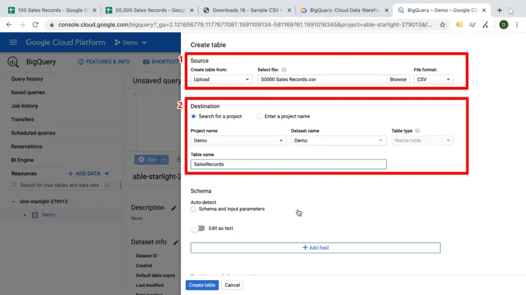 Screenshot of table configuration settings, uploading sales recording CSV to demo project with source and destination sections highlighted