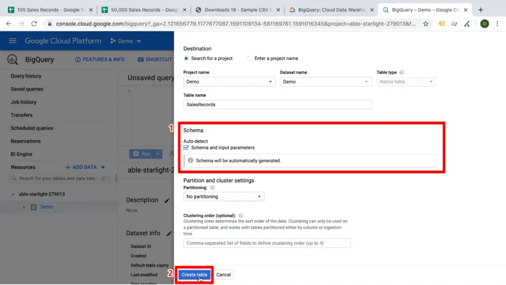 Screenshot of table configuration settings with schema auto-detect box checked and create table button highlighted