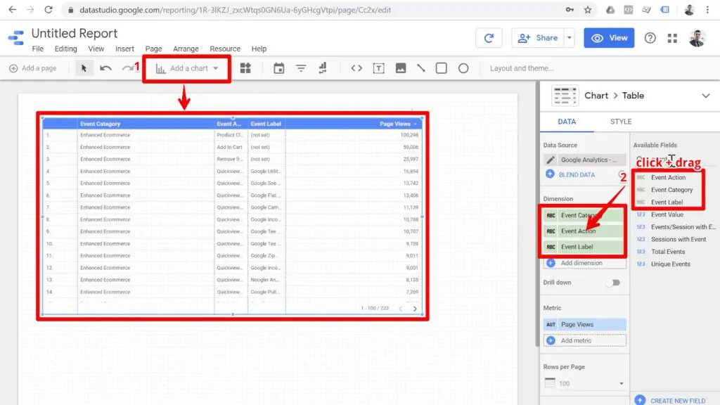 Screenshot of table with dimensions Event Action, Event Category, and Event Label added to Data Studio