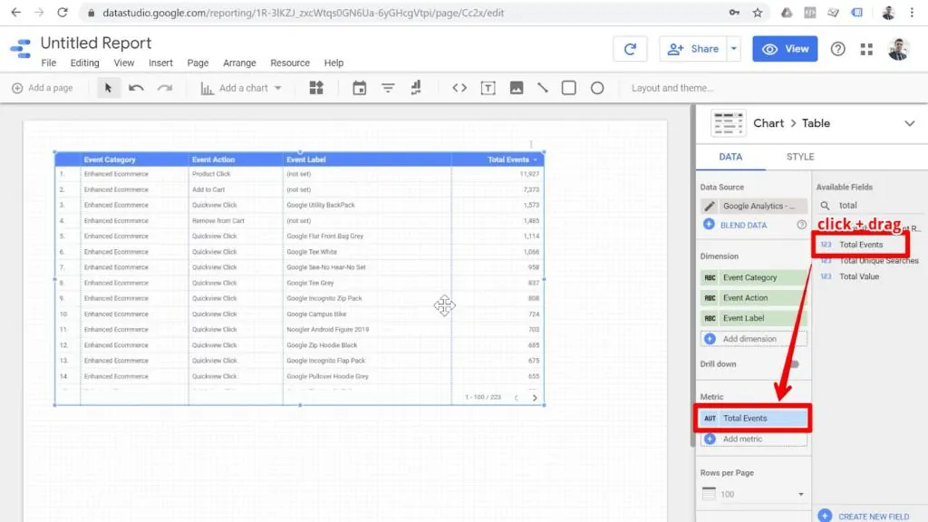 Screenshot of table with total events selected as the metric in Looker Studio